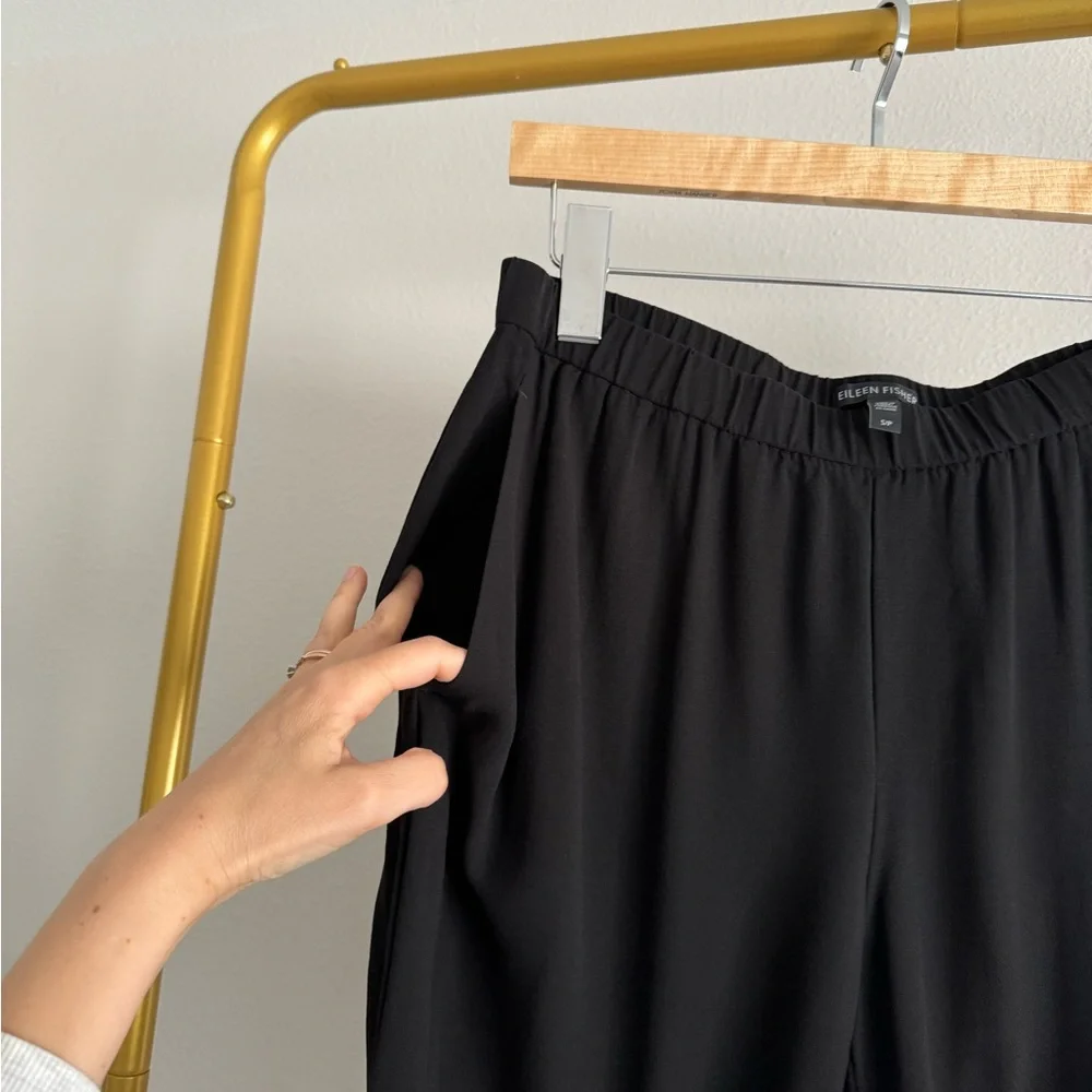 EILEEN‎ FISHER Slouchy Black Silk Georgette  Tapered Leg Pull On Pants Sz S